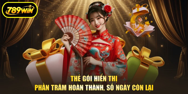 Khuyến Mãi Tân Thủ 789WIN Nhân Đôi Lần Nạp Đầu Tiên 4 Thẻ gói hiển thị phần trăm hoàn thành, số ngày còn lại